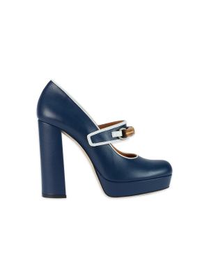 Navy Leather Bamboo Pumps