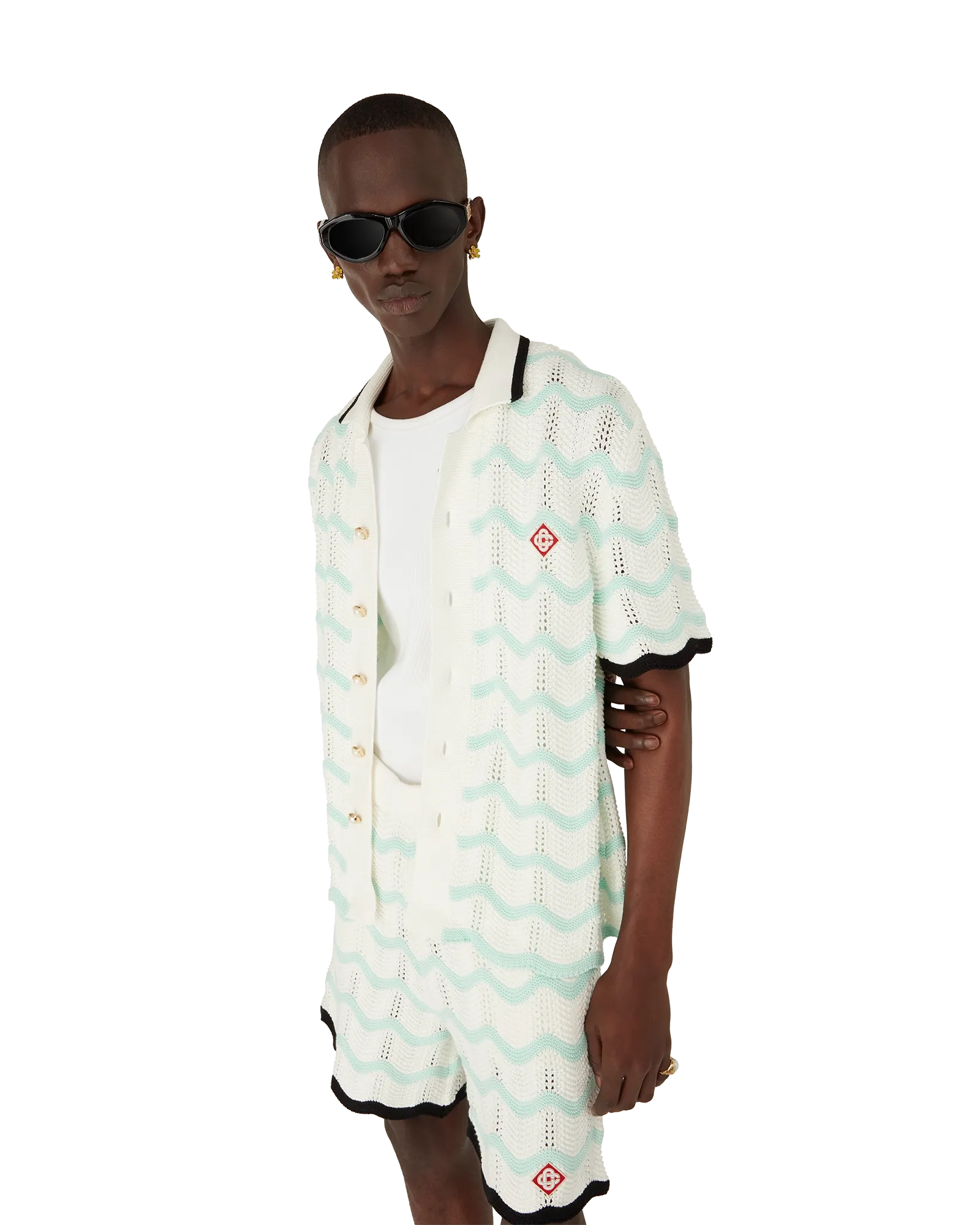 Gradient Wave Cotton Crochet Short Sleeve Shirt - 图片 3