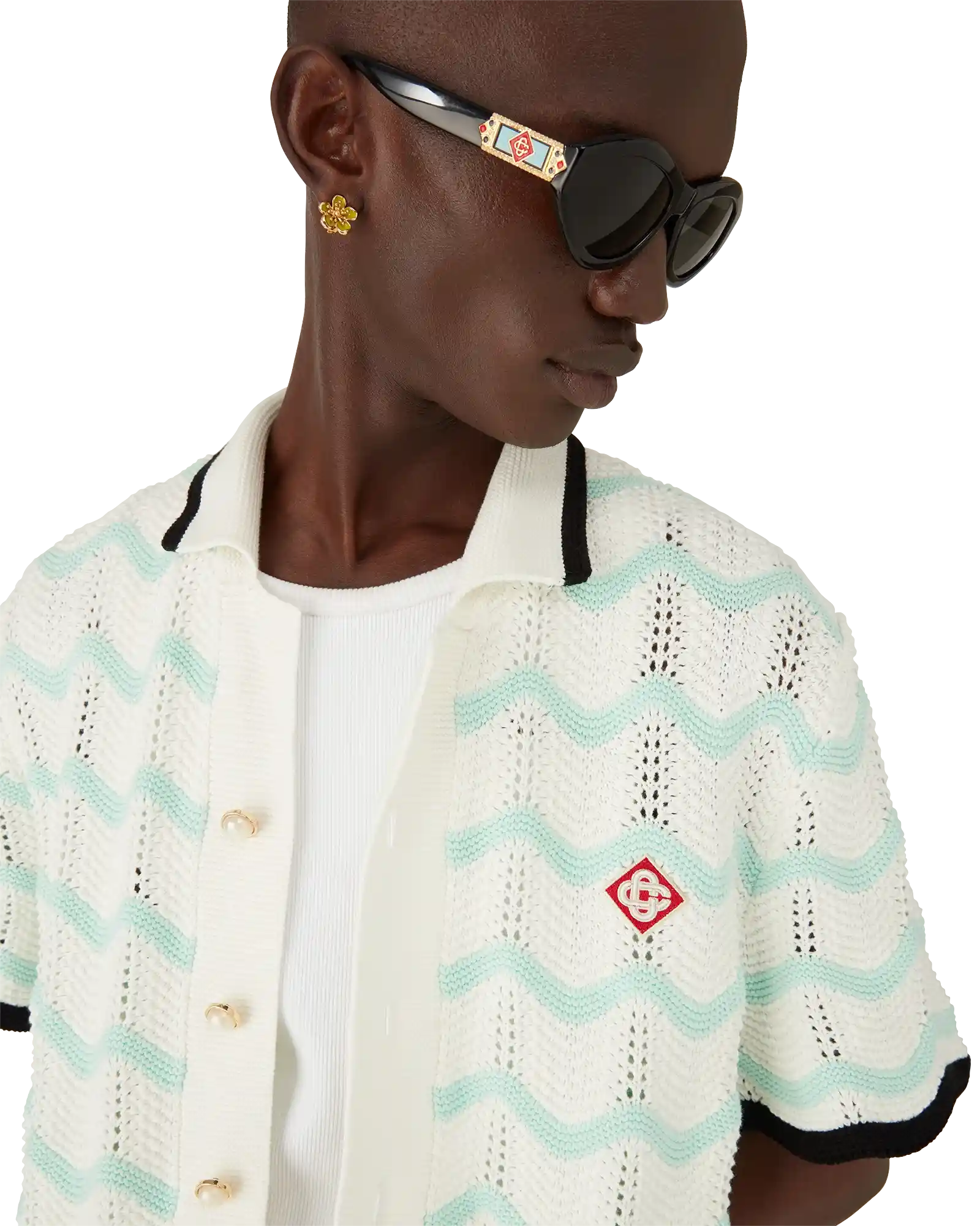 Gradient Wave Cotton Crochet Short Sleeve Shirt - 图片 2