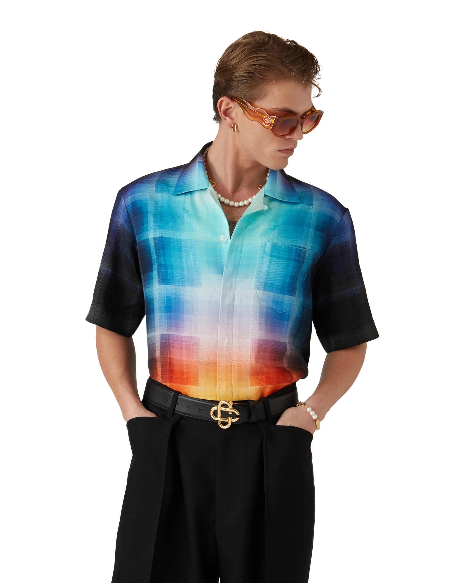 Gradient Check Viscose Blend Short Sleeve Shirt - 图片 8