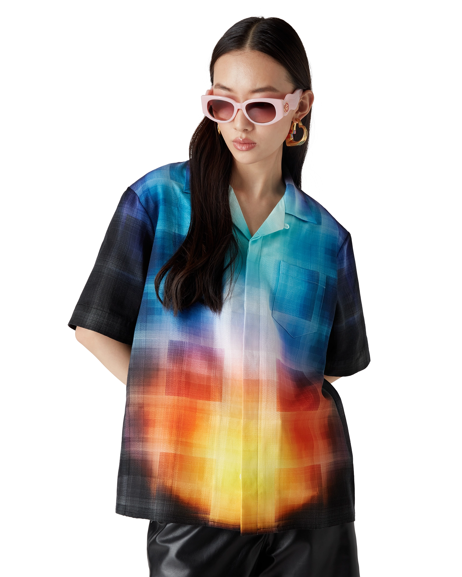 Gradient Check Viscose Blend Short Sleeve Shirt - 图片 4