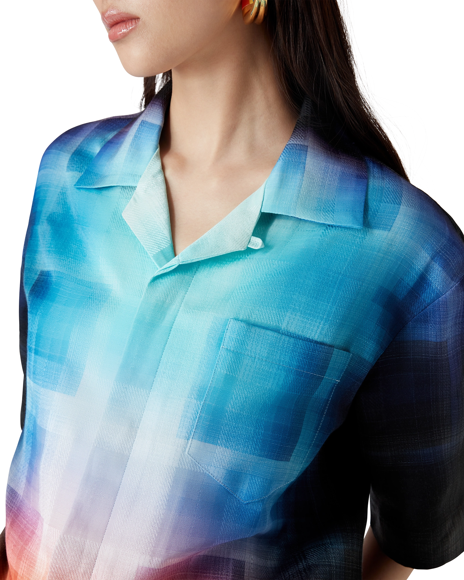 Gradient Check Viscose Blend Short Sleeve Shirt - 图片 5