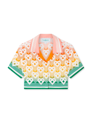 Gradient Heart Monogram Cropped Short Sleeve Silk Shirt