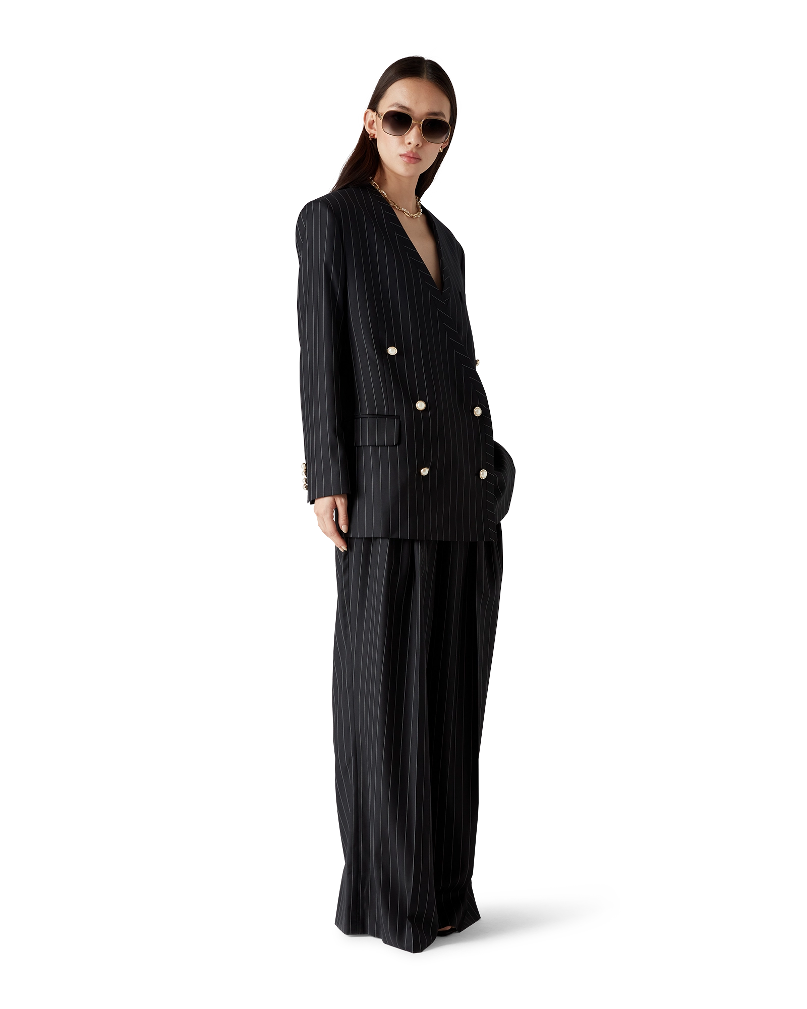 Wool Pinstripe Triple Pleat Tailored Trousers - 图片 2
